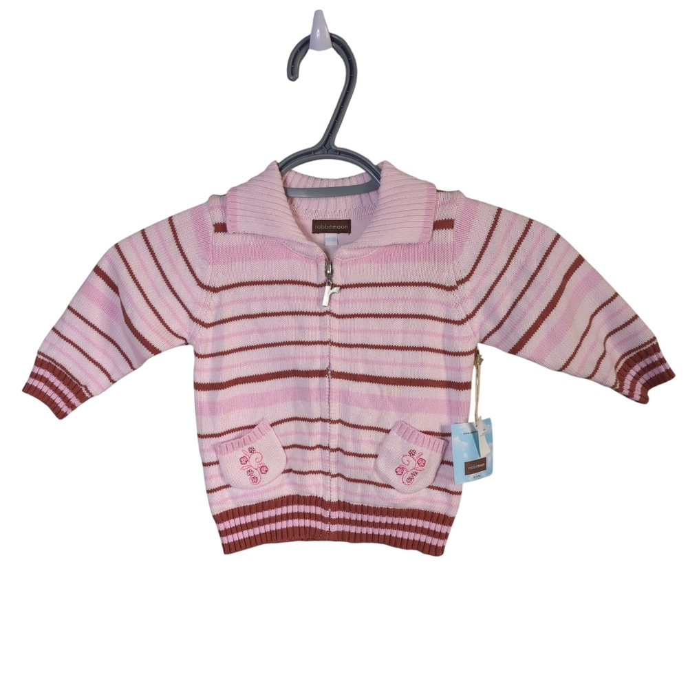 NWT Rabbit Moon‎ Striped Pink/Brown Embroidered Knit Full Zip Cardigan Sz 12-18m